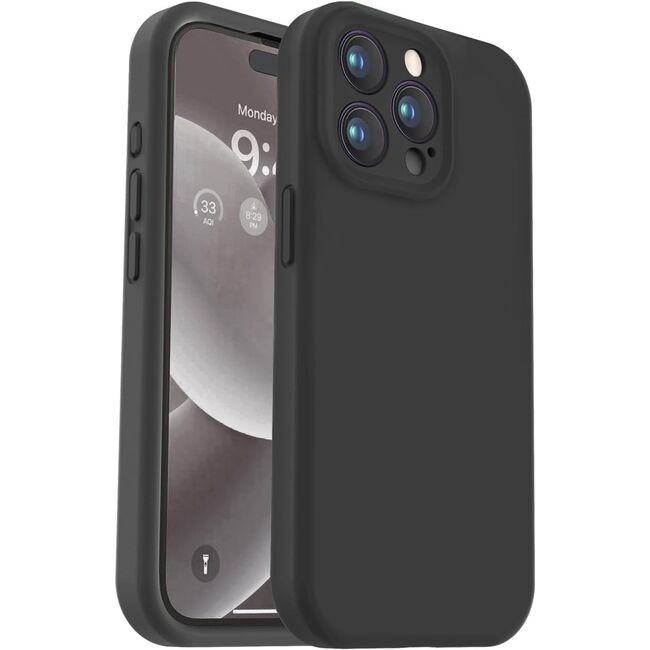 Husa pentru  iPhone 15 Pro Liquid Silicone, subțire, captusita cu microfibra, anti amprentă, protectie cameră foto, negru