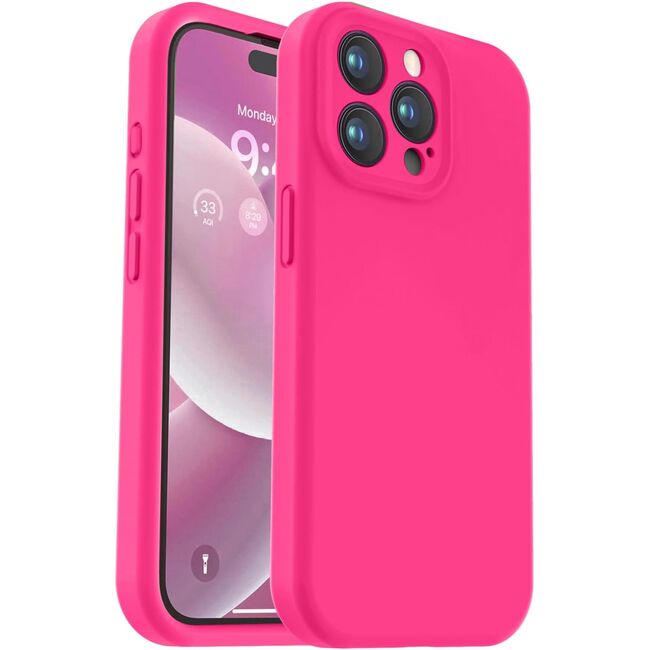 Husa pentru  iPhone 15 Pro Max Liquid Silicone, subțire, captusita cu microfibra, anti amprentă, protectie cameră foto, fucsia