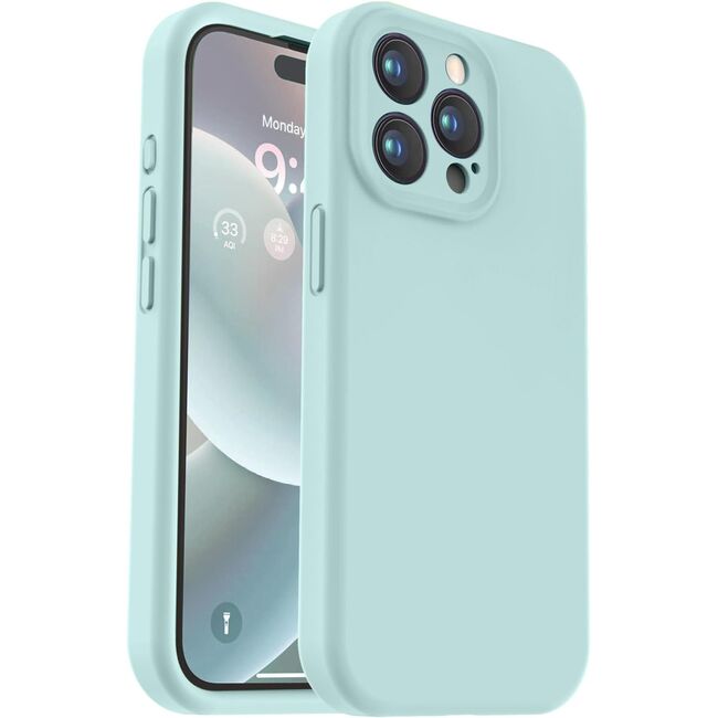 Husa pentru  iPhone 15 Pro Max Liquid Silicone, subțire, captusita cu microfibra, anti amprentă, protectie cameră foto, turcoaz
