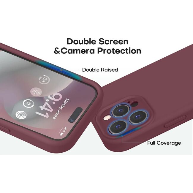 Husa pentru  iPhone 15 Pro Max Liquid Silicone, subțire, captusita cu microfibra, anti amprentă, protectie cameră foto, burgundy