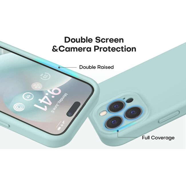 Husa pentru  iPhone 15 Pro Max Liquid Silicone, subțire, captusita cu microfibra, anti amprentă, protectie cameră foto, turcoaz