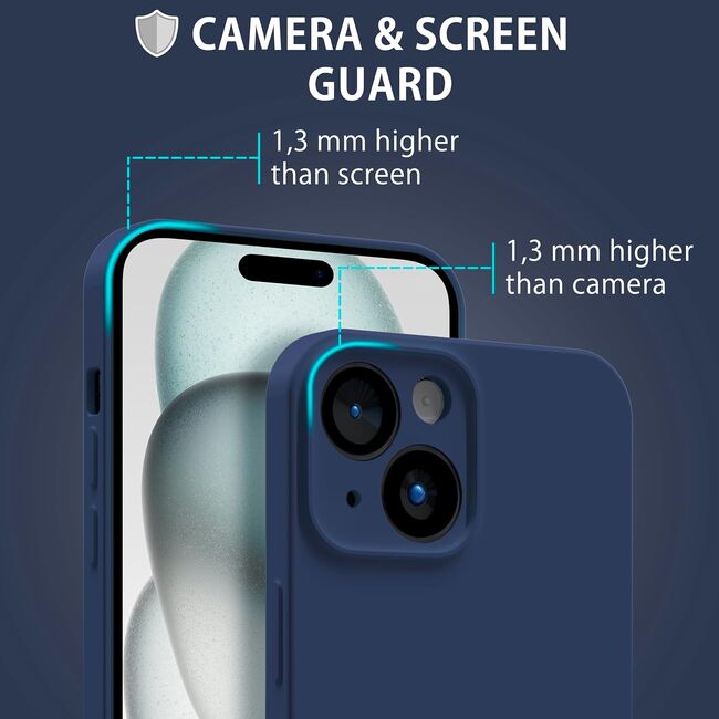 Husa pentru  iPhone 15 Liquid Silicone, subțire, captusita cu microfibra, anti amprentă, protectie cameră foto, albastru