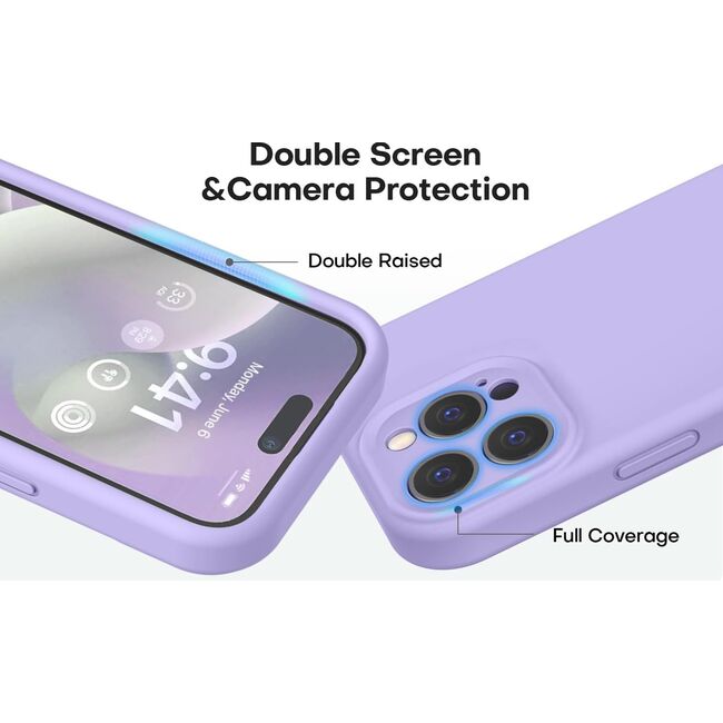 Husa pentru  iPhone 15 Pro Max Liquid Silicone, subțire, captusita cu microfibra, anti amprentă, protectie cameră foto, lavanda