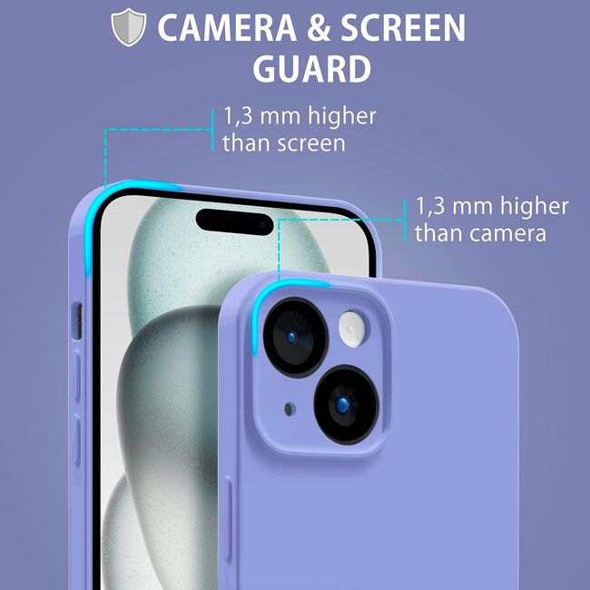 Husa pentru  iPhone 15 Liquid Silicone, subțire, captusita cu microfibra, anti amprentă, protectie cameră foto, lavanda