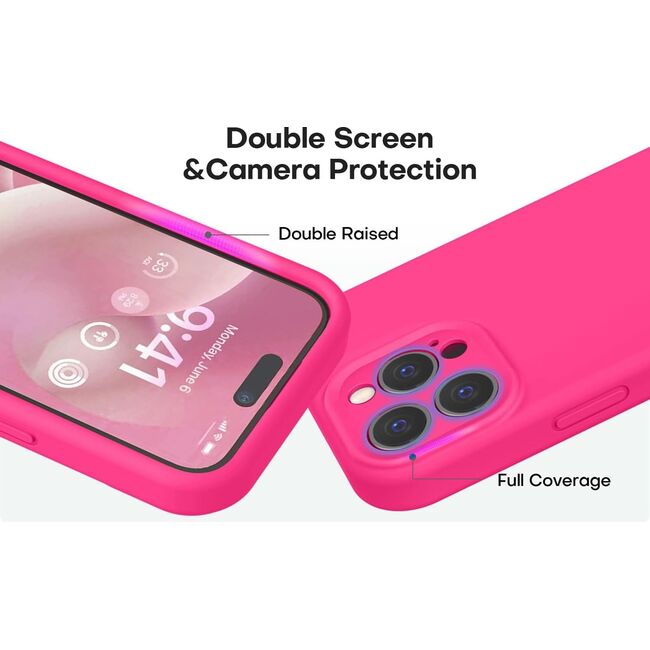 Husa pentru  iPhone 15 Pro Max Liquid Silicone, subțire, captusita cu microfibra, anti amprentă, protectie cameră foto, fucsia