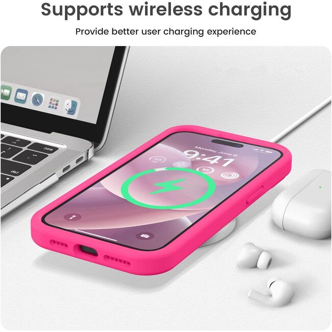 Husa pentru  iPhone 15 Pro Max Liquid Silicone, subțire, captusita cu microfibra, anti amprentă, protectie cameră foto, fucsia