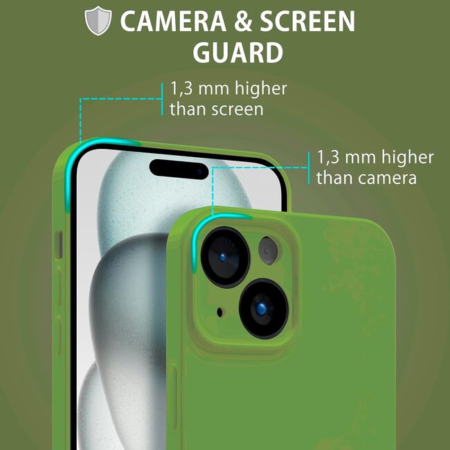 Husa pentru  iPhone 15 Liquid Silicone, subțire, captusita cu microfibra, anti amprentă, protectie cameră foto, verde