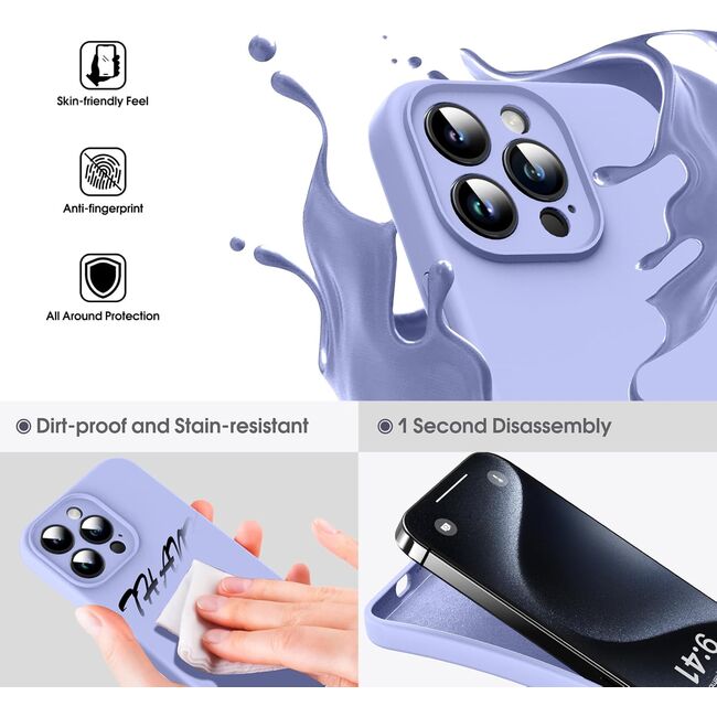 Husa pentru  iPhone 15 Pro Liquid Silicone, subțire, captusita cu microfibra, anti amprentă, protectie cameră foto, lavanda