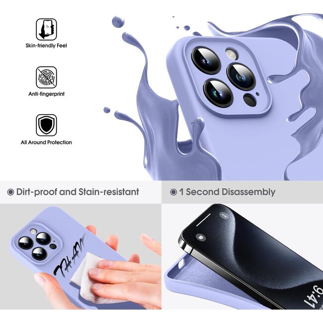 Husa pentru  iPhone 15 Pro Max Liquid Silicone, subțire, captusita cu microfibra, anti amprentă, protectie cameră foto, lavanda