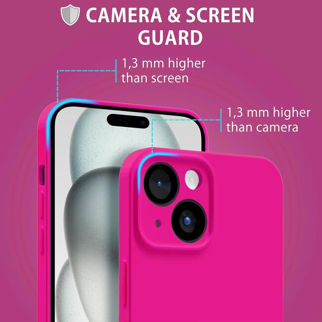 Husa pentru  iPhone 15 Liquid Silicone, subțire, captusita cu microfibra, anti amprentă, protectie cameră foto, fucsia