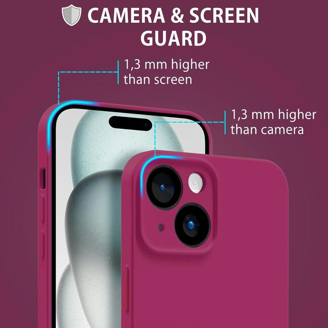 Husa pentru  iPhone 15 Liquid Silicone, subțire, captusita cu microfibra, anti amprentă, protectie cameră foto, burgundy