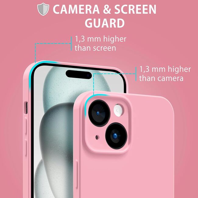 Husa pentru  iPhone 15 Liquid Silicone, subțire, captusita cu microfibra, anti amprentă, protectie cameră foto, roz