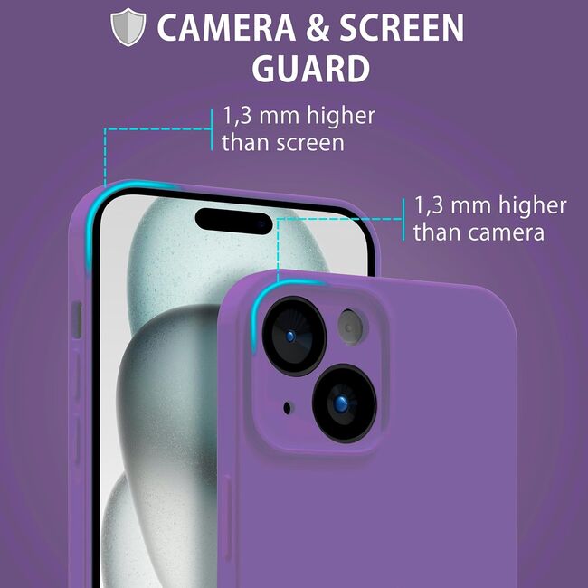 Husa pentru  iPhone 15 Liquid Silicone, subțire, captusita cu microfibra, anti amprentă, protectie cameră foto, mov