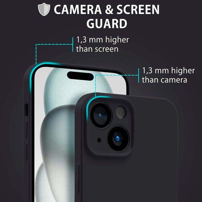 Husa pentru  iPhone 15 Liquid Silicone, subțire, captusita cu microfibra, anti amprentă, protectie cameră foto, negru