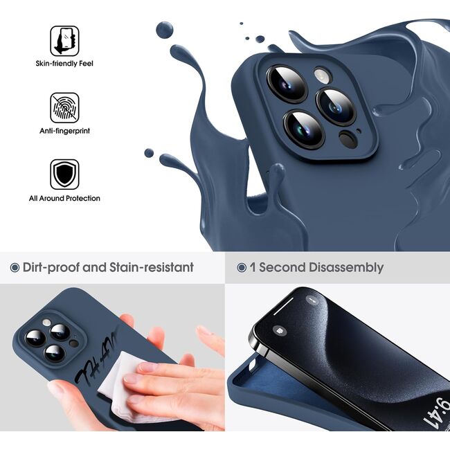 Husa pentru  iPhone 15 Pro Liquid Silicone, subțire, captusita cu microfibra, anti amprentă, protectie cameră foto, albastru