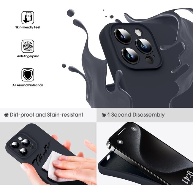 Husa pentru  iPhone 15 Pro Liquid Silicone, subțire, captusita cu microfibra, anti amprentă, protectie cameră foto, negru