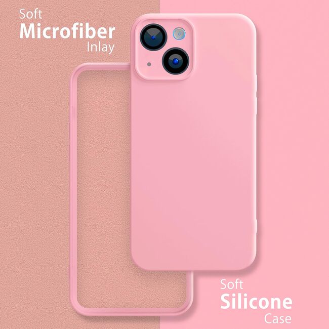 Husa pentru  iPhone 15 Liquid Silicone, subțire, captusita cu microfibra, anti amprentă, protectie cameră foto, roz