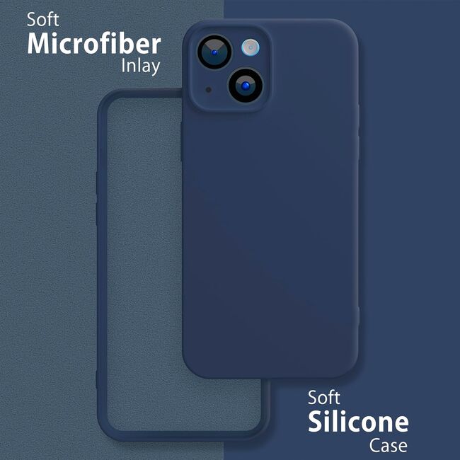 Husa pentru  iPhone 15 Liquid Silicone, subțire, captusita cu microfibra, anti amprentă, protectie cameră foto, albastru