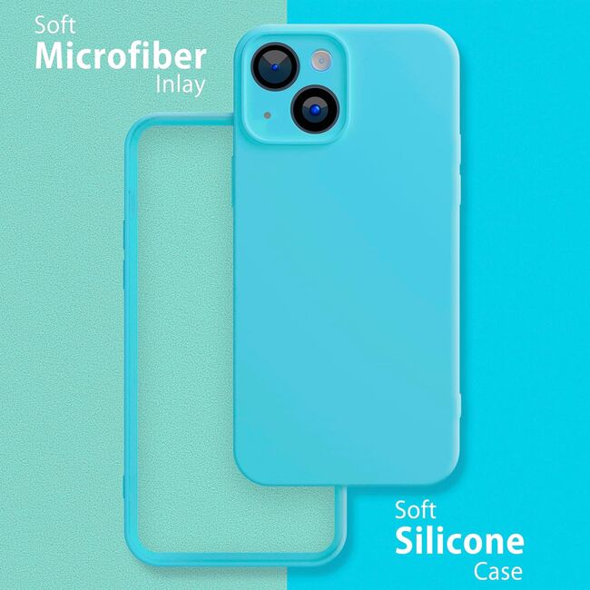 Husa pentru  iPhone 15 Liquid Silicone, subțire, captusita cu microfibra, anti amprentă, protectie cameră foto, turcoaz