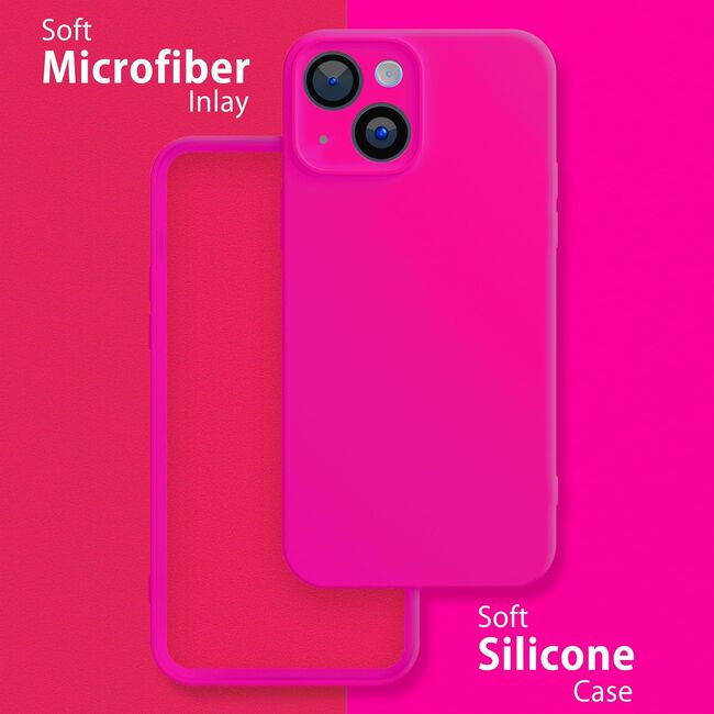Husa pentru  iPhone 15 Liquid Silicone, subțire, captusita cu microfibra, anti amprentă, protectie cameră foto, fucsia