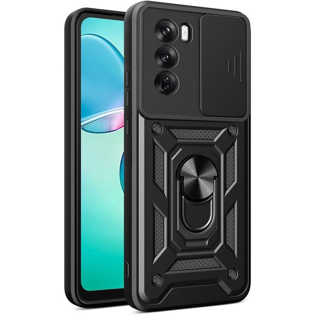 Husa pentru  Oppo Reno 12 Ring Armor Kickstand Tough Rugged Cover cu protectie camera, negru