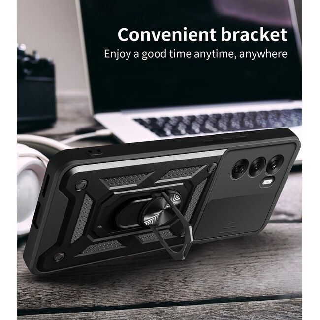 Husa pentru  Oppo Reno 12 Ring Armor Kickstand Tough Rugged Cover cu protectie camera, negru