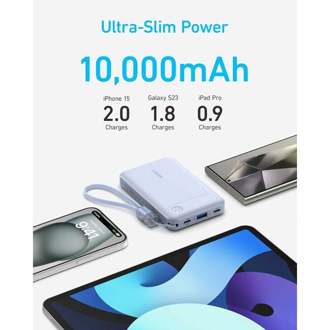 Acumulator extern Anker Powercore 10000 mAh, 22.5W, 2x USB-C, 1x USB-A, cablu USB-C incorporat, Negru