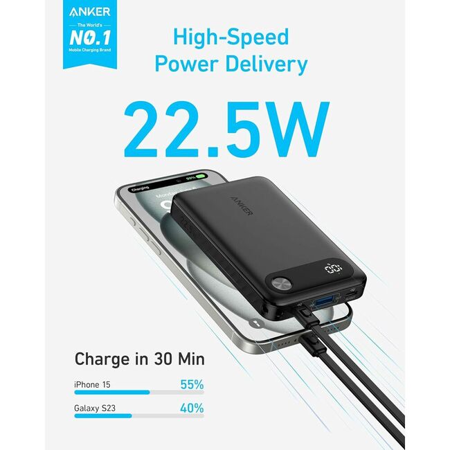 Acumulator extern Anker Powercore 10000 mAh, 22.5W, 2x USB-C, 1x USB-A, cablu USB-C incorporat, Negru