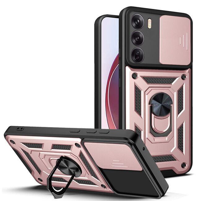 Husa pentru  Oppo Reno 12 Ring Armor Kickstand Tough Rugged Cover cu protectie camera, rose gold