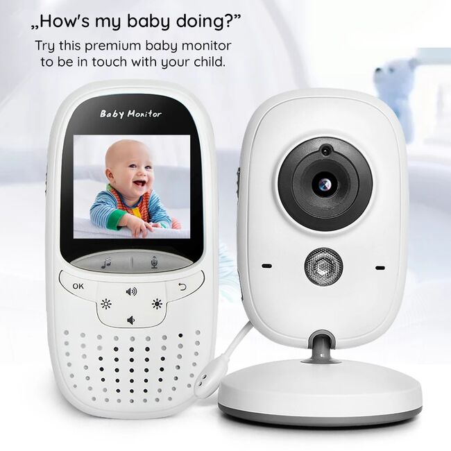 Baby Monitor Wireless, Monitorizare Video Audio pentru bebelusi, senzor temperatura, IR night vision, ecran color, cantece de leagan, Two-way Talk, functie push to talk, cu acumulator USB-C, alb / gri