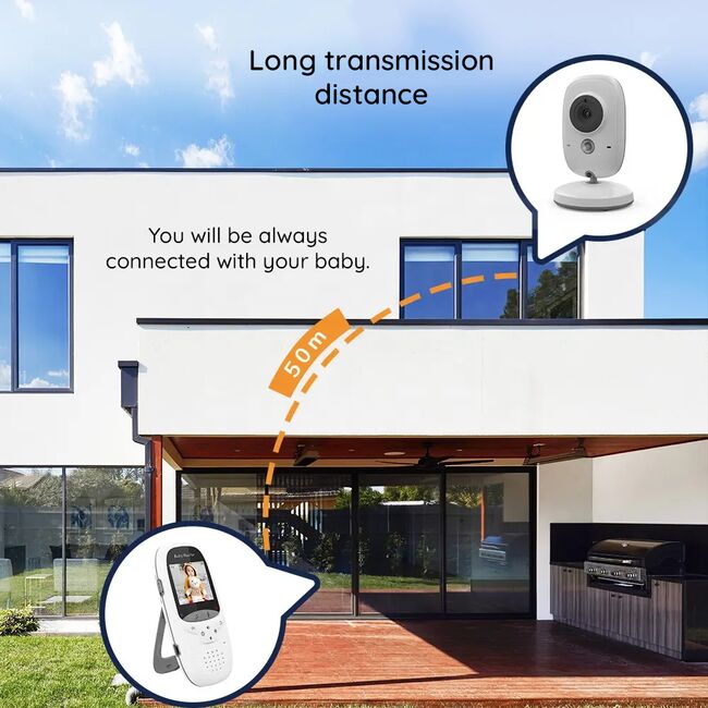 Baby Monitor Wireless, Monitorizare Video Audio pentru bebelusi, senzor temperatura, IR night vision, ecran color, cantece de leagan, Two-way Talk, functie push to talk, cu acumulator USB-C, alb / gri