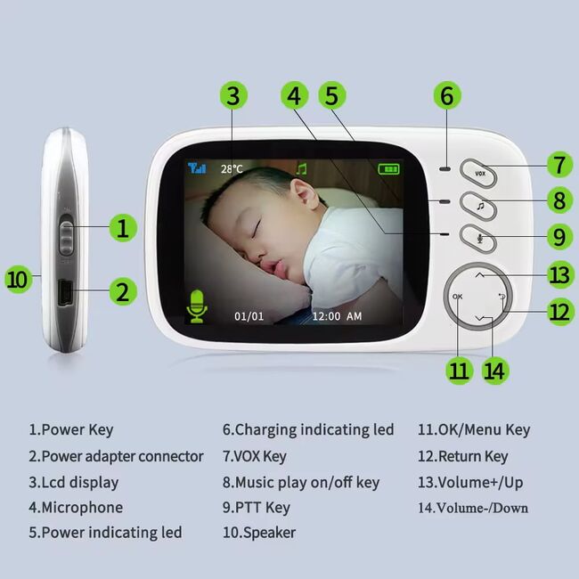 Baby Monitor Wireless, supraveghere audio si video pentru bebelusi, Ecran 3.2 inch clear view, audio bidirectional, push to talk, IR Night Vision, Monitorizare Temperatura, cantece de leagan