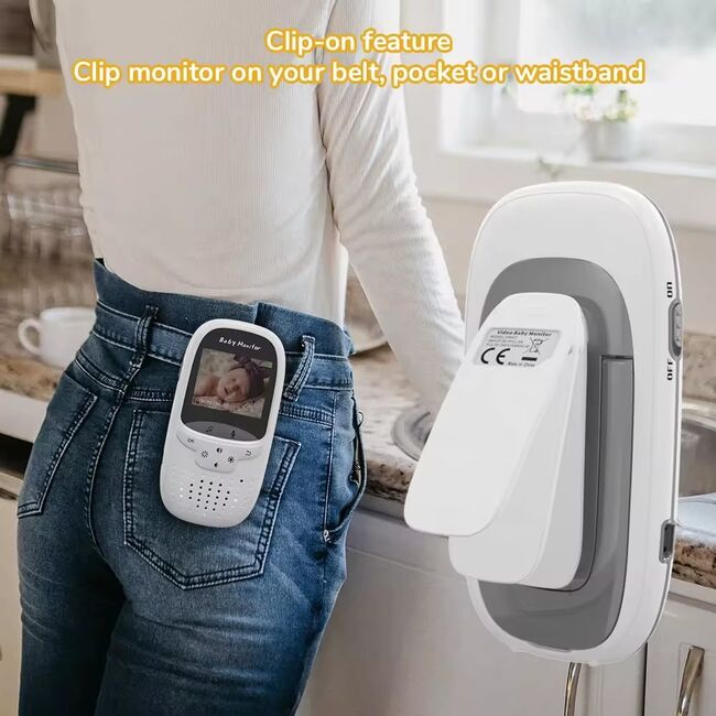 Baby Monitor Wireless, Monitorizare Video Audio pentru bebelusi, senzor temperatura, IR night vision, ecran color, cantece de leagan, Two-way Talk, functie push to talk, cu acumulator USB-C, alb / gri