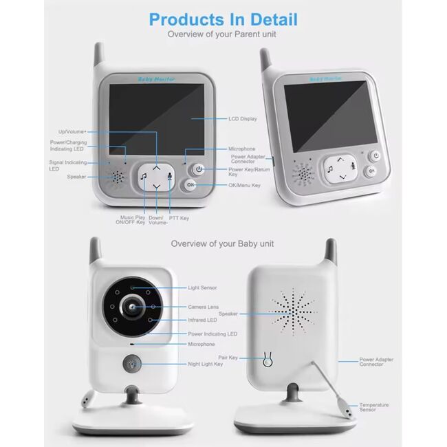 Baby Monitor Wireless, audio si video pentru bebelusi, Ecran 3.2 inch clear view, Functie VOX, bidirectional, push to talk, IR Night Vision, Senzor Temperatura, 8 cantece de leagan