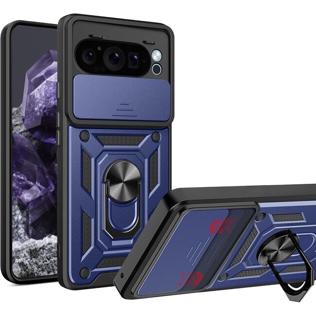 Husa pentru  Google Pixel 9 / 9 Pro Ring Armor Kickstand Tough Rugged Cover cu protectie camera, albastru