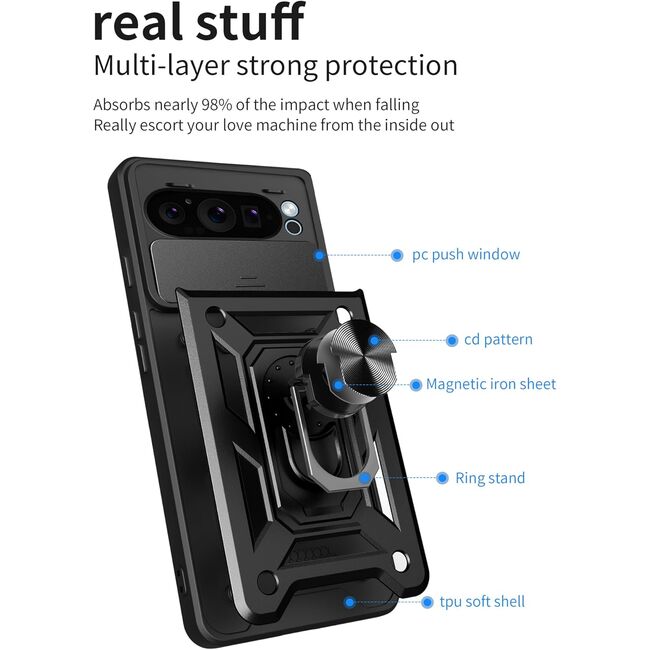 Husa pentru  Google Pixel 9 / 9 Pro Ring Armor Kickstand Tough Rugged Cover cu protectie camera, rose gold