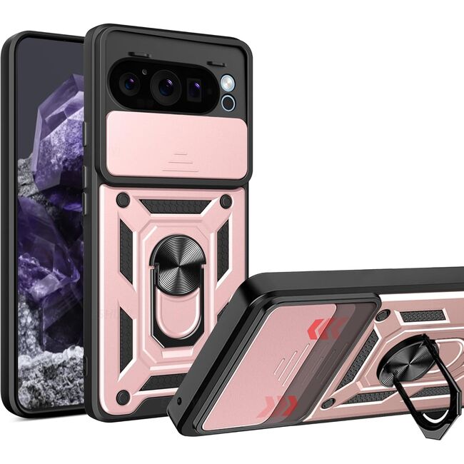 Husa pentru  Google Pixel 9 / 9 Pro Ring Armor Kickstand Tough Rugged Cover cu protectie camera, rose gold