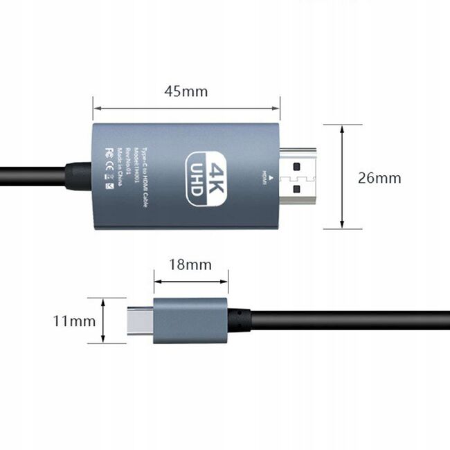 Cablu video de la USB-C la HDMI, 4K @ 60Hz, compatibil MacBook, 1.8 m, negru