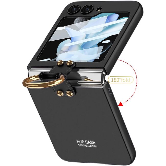 Husa Samsung Galaxy Z Flip 6 anti shock cu folie de protectie integrata pentru ecranul secundar, inel si protectie camera, negru