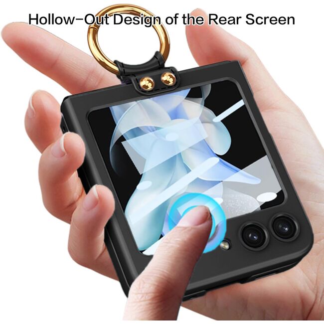 Husa Samsung Galaxy Z Flip 6 anti shock cu folie de protectie integrata pentru ecranul secundar, inel si protectie camera, negru