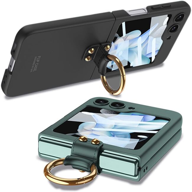 Husa Samsung Galaxy Z Flip 6 anti shock cu folie de protectie integrata pentru ecranul secundar, inel si protectie camera, negru