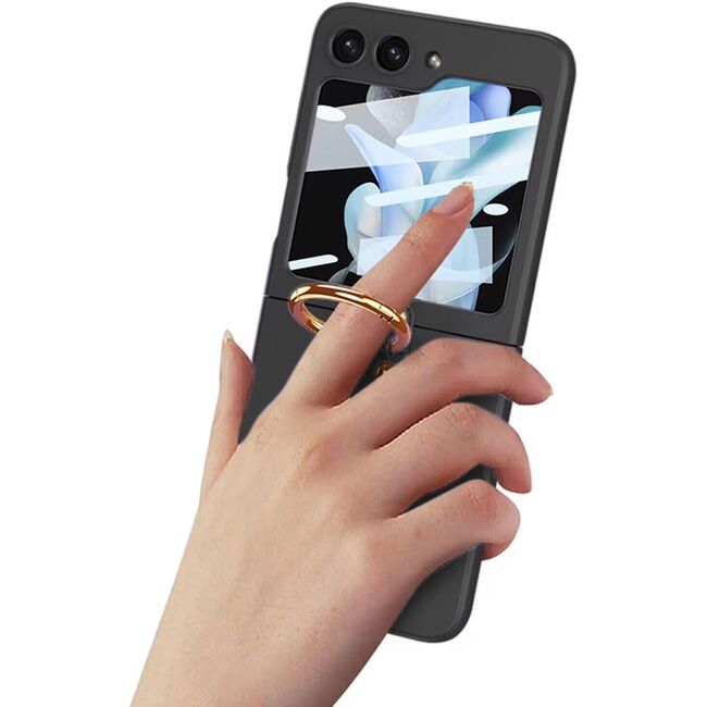 Husa Samsung Galaxy Z Flip 6 anti shock cu folie de protectie integrata pentru ecranul secundar, inel si protectie camera, negru