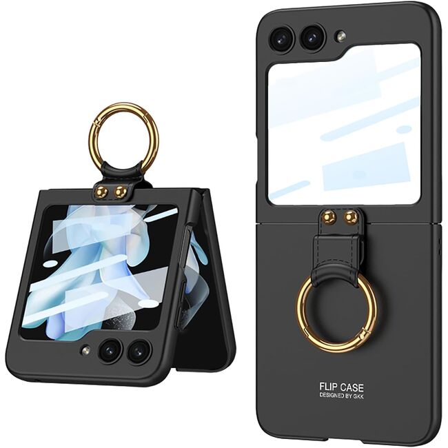 Husa Samsung Galaxy Z Flip 6 anti shock cu folie de protectie integrata pentru ecranul secundar, inel si protectie camera, negru