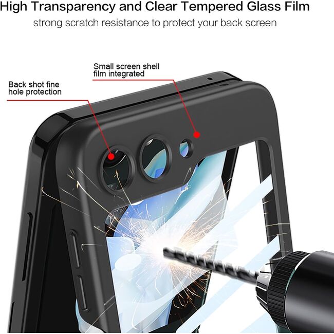 Husa Samsung Galaxy Z Flip 6 anti shock cu folie de protectie integrata pentru ecranul secundar, inel si protectie camera, negru