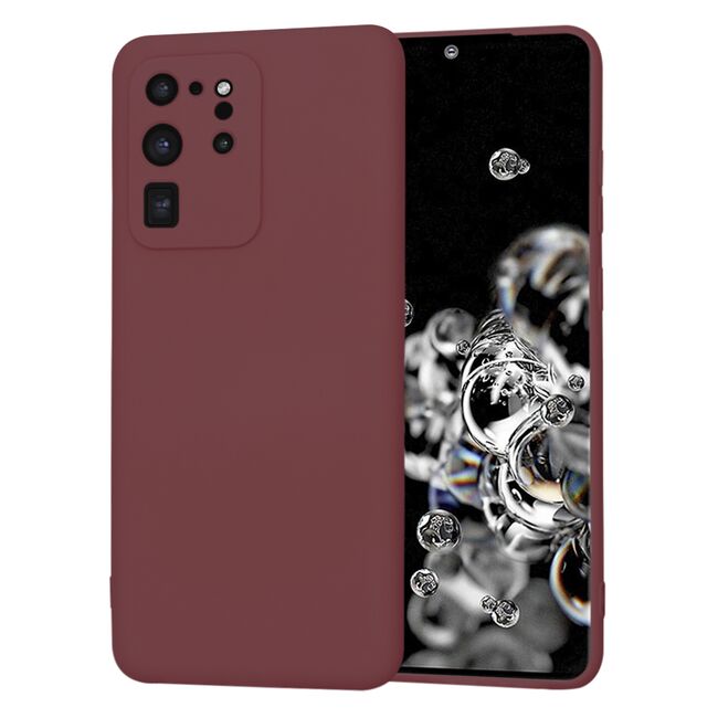 Husa pentru  Samsung Galaxy S20 Ultra Liquid Silicone, subțire, captusita cu microfibra, anti amprentă, protectie cameră foto, bordeaux