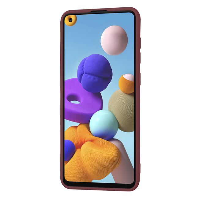 Husa pentru Samsung Galaxy A21s Liquid Silicone, subțire, captusita cu microfibra, anti amprentă, protectie cameră foto, bordeaux