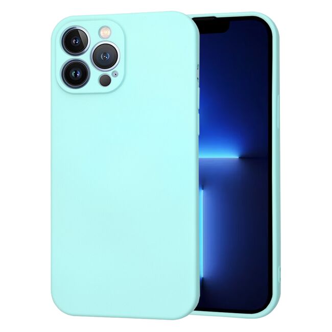 Husa pentru  iPhone 13 Pro Max Liquid Silicone, subțire, captusita cu microfibra, anti amprentă, protectie cameră foto, turcoaz