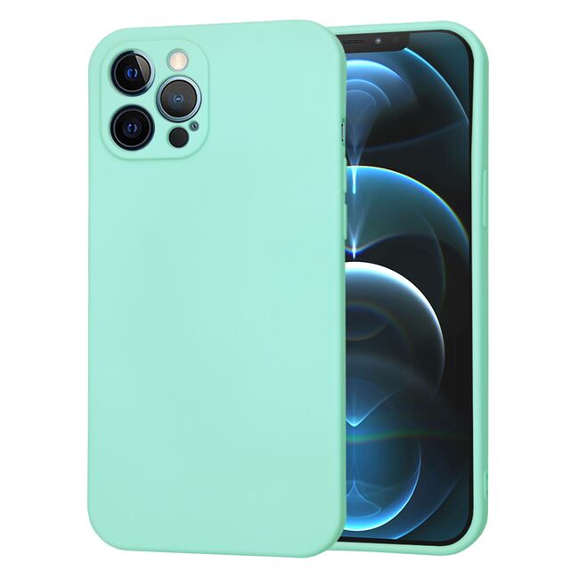 Husa pentru  iPhone 12 Pro Max Liquid Silicone, subțire, captusita cu microfibra, anti amprentă, protectie cameră foto, turcoaz
