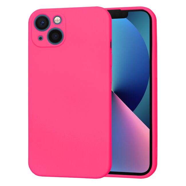 Husa pentru  iPhone 13 Liquid Silicone, subțire, captusita cu microfibra, anti amprentă, protectie cameră foto, fucsia