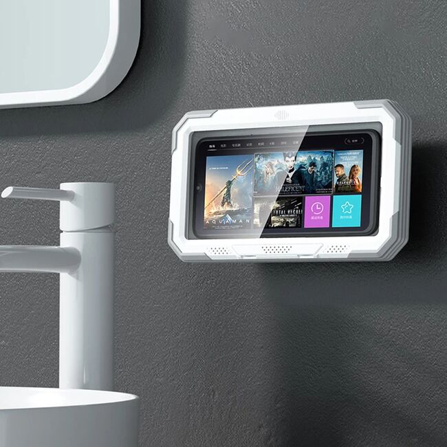 Suport Telefon Ajustabil 360° Impermeabil cu Montare Autoadezivă - Compatibil Universal pentru Baie, Dormitor, Bucătărie, alb